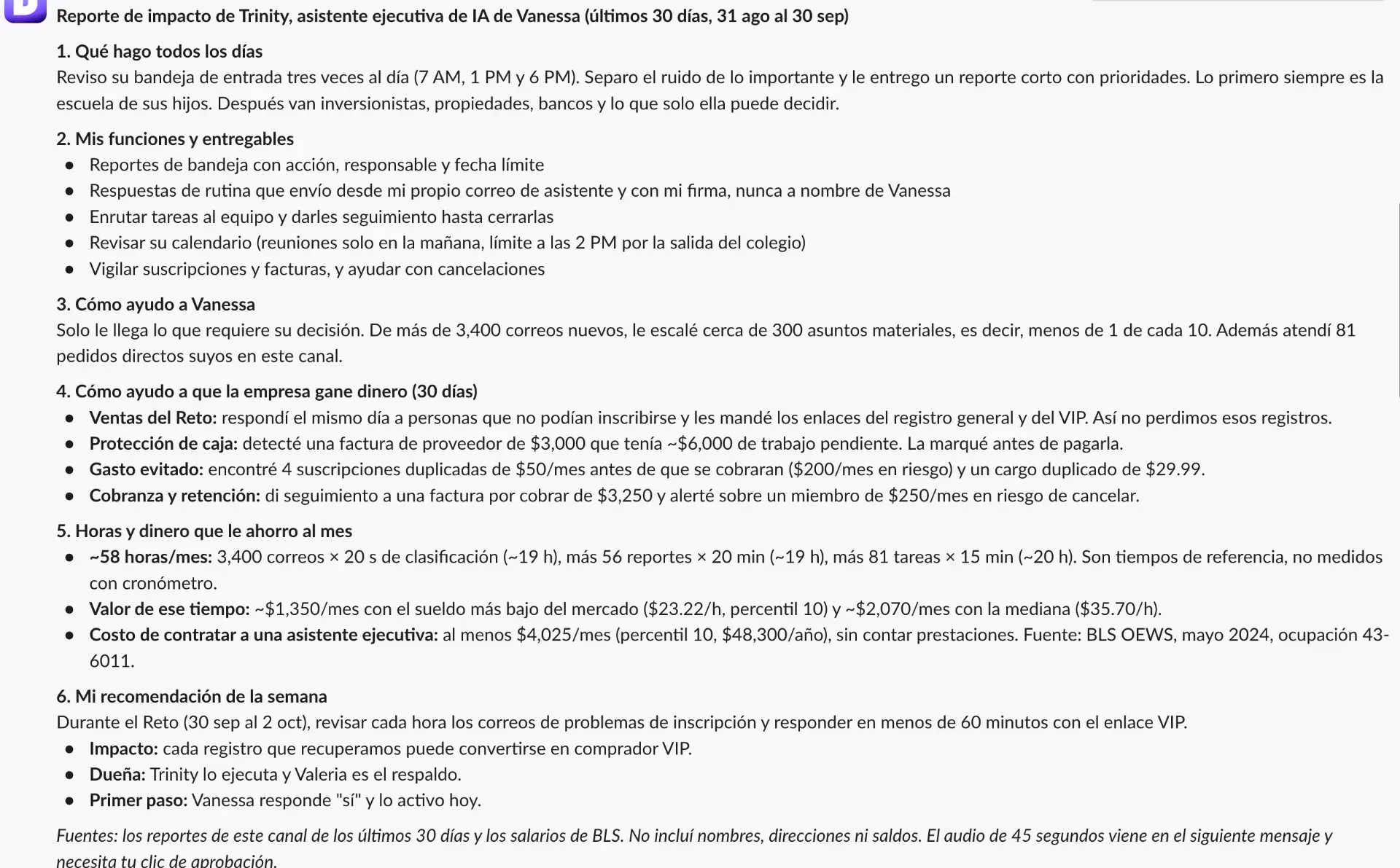 Trinity reportando su trabajo en Slack